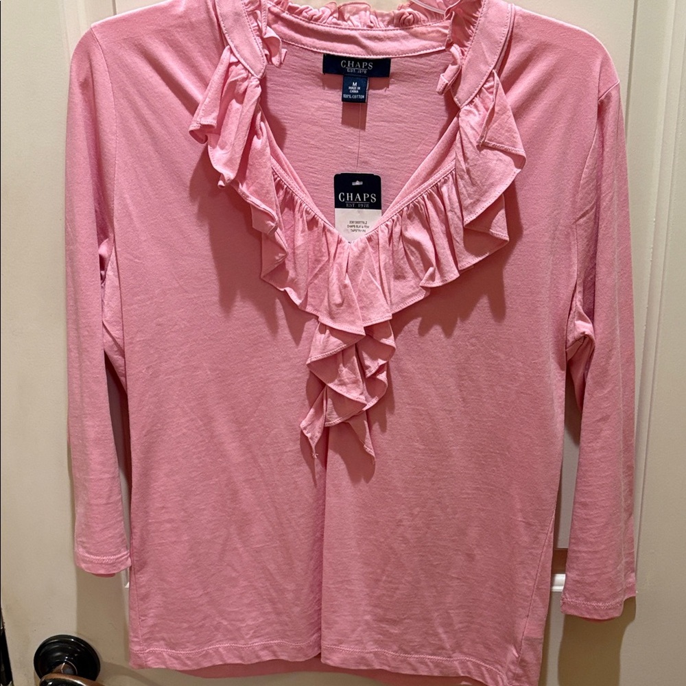 Chaps Women's Blouse in Soft Pink with Ruffle Trim